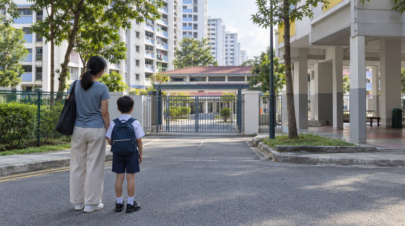 A parent and a child looking toward a primary school gate from the street