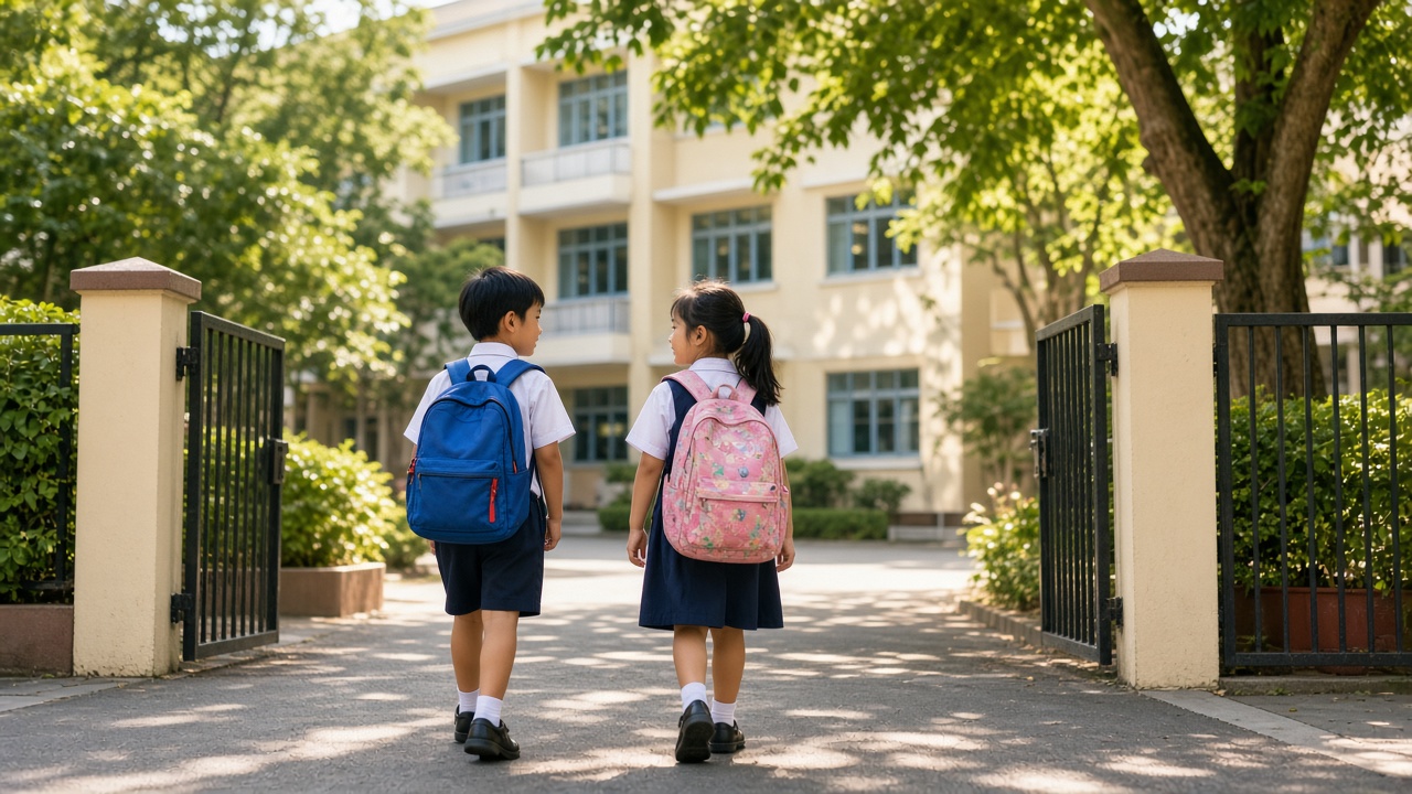 Children with school bags walking toward a primary school in the morning