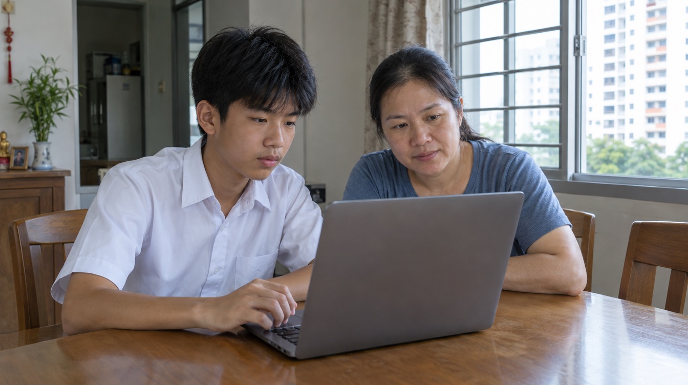 A secondary student and a parent reviewing school options on a laptop at home