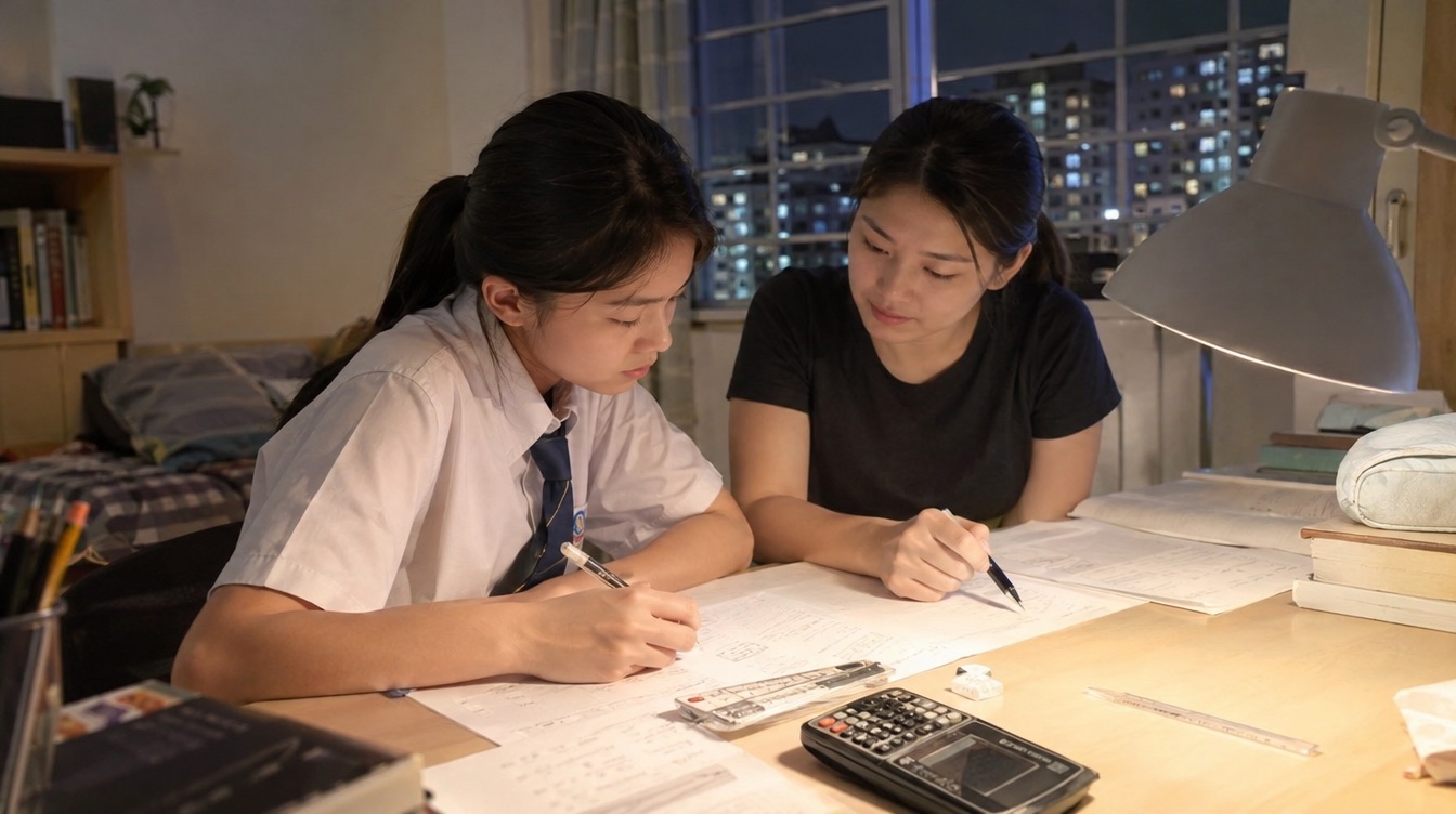 A secondary student working through an exam paper with a home tutor in a Singapore flat