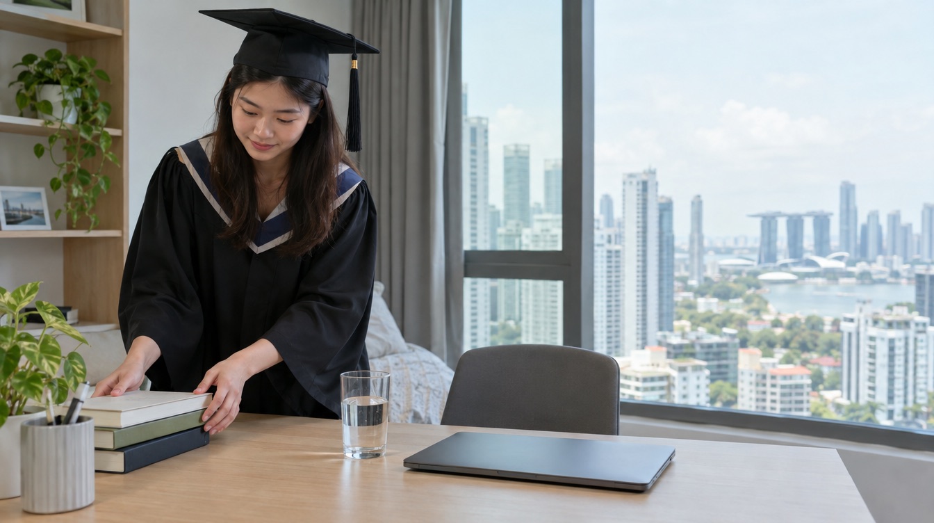 A graduate tidying a desk before writing a tutor profile