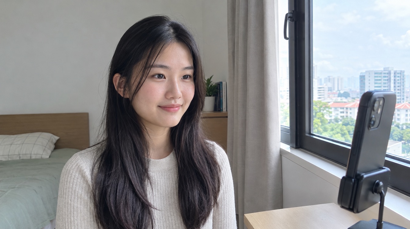 A university student taking a natural-light profile photo by a window